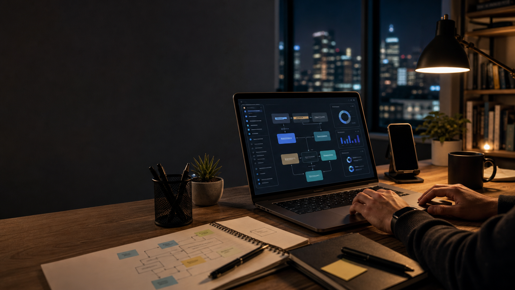 A night desk setup with a laptop showing an AI product workflow.